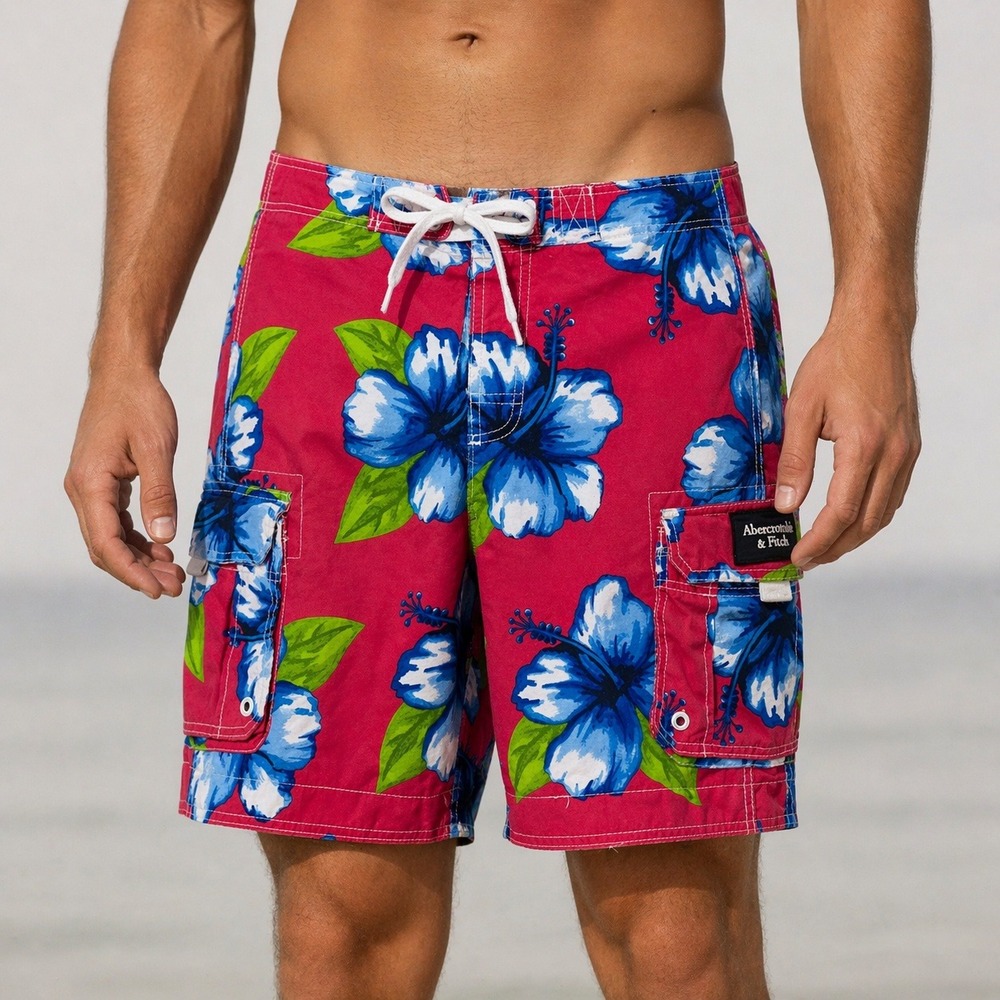 Abercrombie Y2K Board Shorts Mens M Pink Blue Floral Cargo Tropical Beach Surf